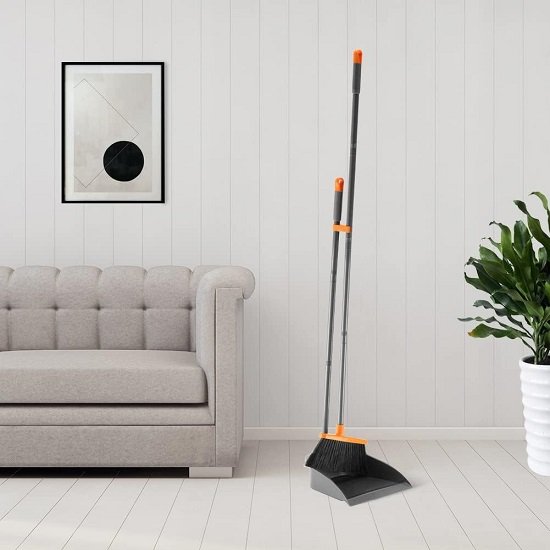 Long Handle Broom with Upright Standing Dustpan Combo for Office Home Kitchen Lobby Floor Cleaning